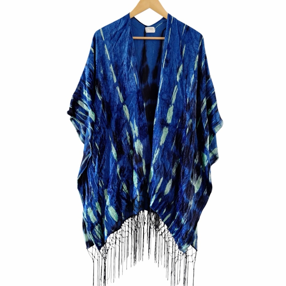 Elizabeth Gillett Kimono Fringe Bohemian Blue Mint Green One Size